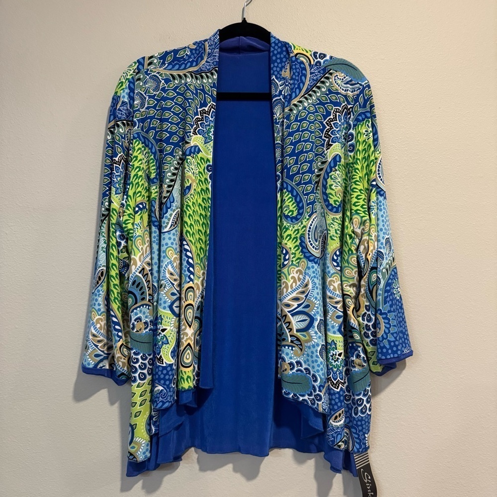 Slinky Brand Colorful Paisley Open Front Cardigan Artsy Stretch 1X NWT